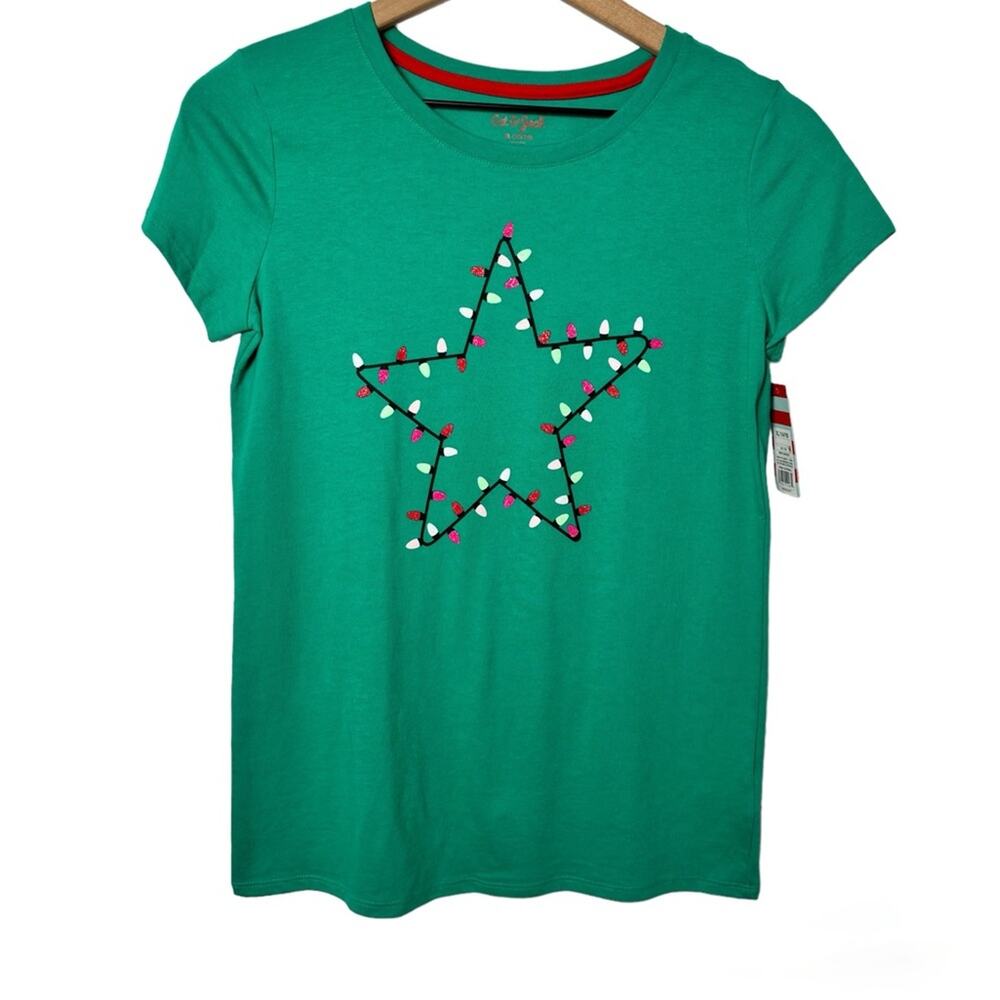 Cat and Jack Green Christmas Star Colorful Green Girl Shirt XL 14-16 Brand New